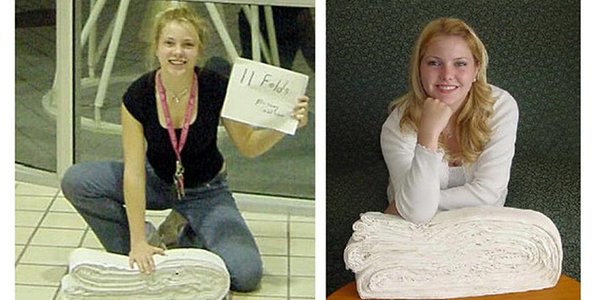 Мировая рекордсменка Бритни Гэлливан и бумажная лента, сложенная вдвое (в одном направлении) 11 раз