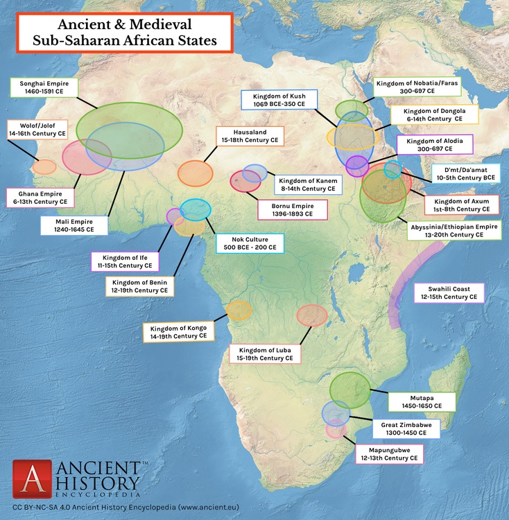 Карта с указанием основных древних и средневековых государств в Африке