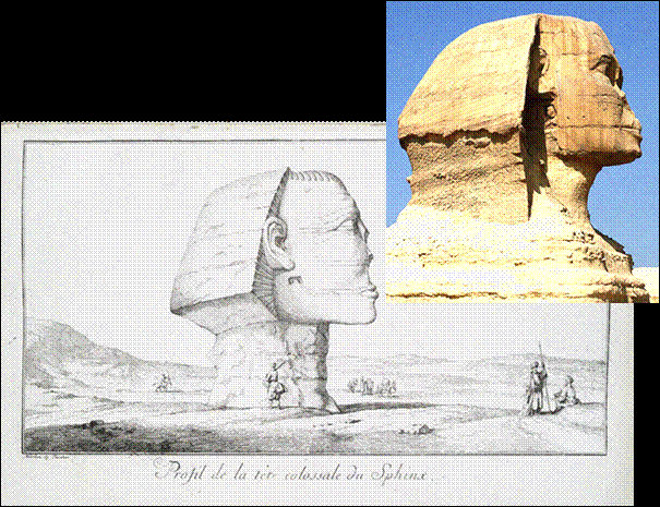 Рисунок 1. Сфинкс. Frederic Louis Norden, Voyage d'Égypte et de Nubie (1755). Врезка в правом верхнем углу – фрагмент фото 2010 года. [Great Sphinx of Giza, Wikipedia].